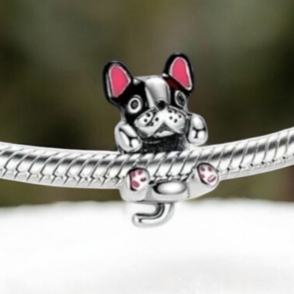 French Bulldog Charm S925 Sterling Silver Bracelet Huggie Frenchie Dog Mom Gift